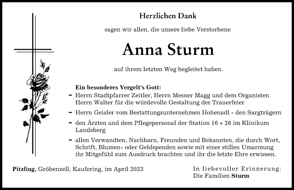 Traueranzeige von Anna Sturm von Landsberger Tagblatt