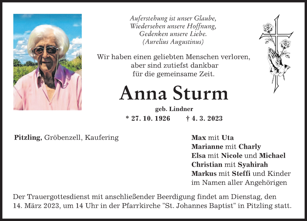 Traueranzeige von Anna Sturm von Landsberger Tagblatt