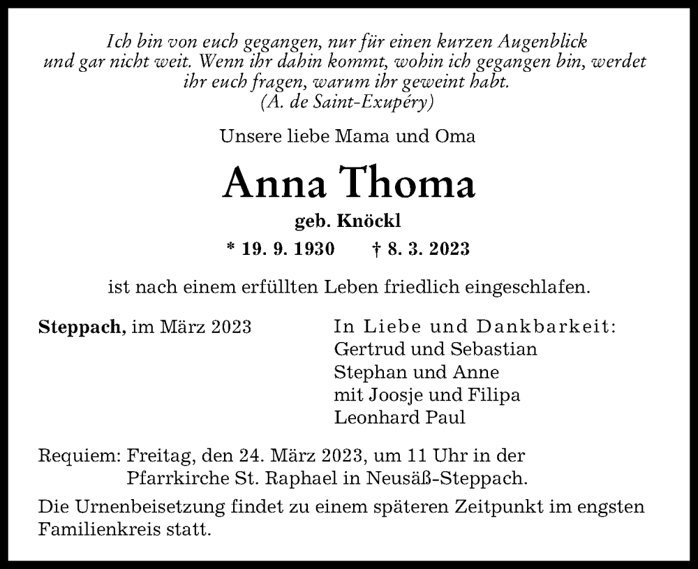  Traueranzeige für Anna Thoma vom 18.03.2023 aus Augsburger Allgemeine