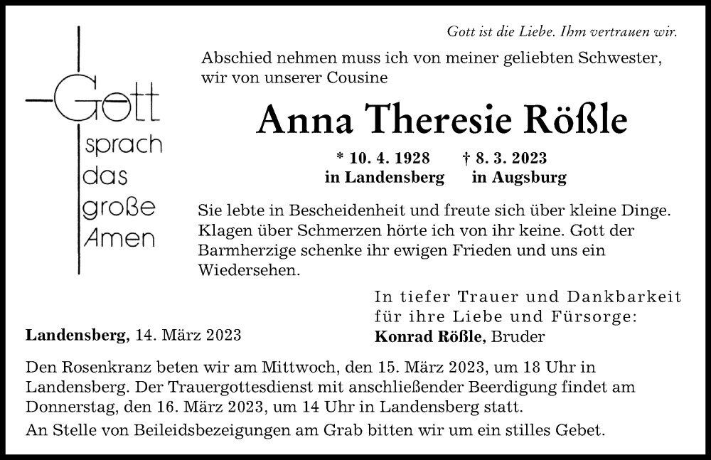 Traueranzeige von Anna Theresie Rößle von Günzburger Zeitung