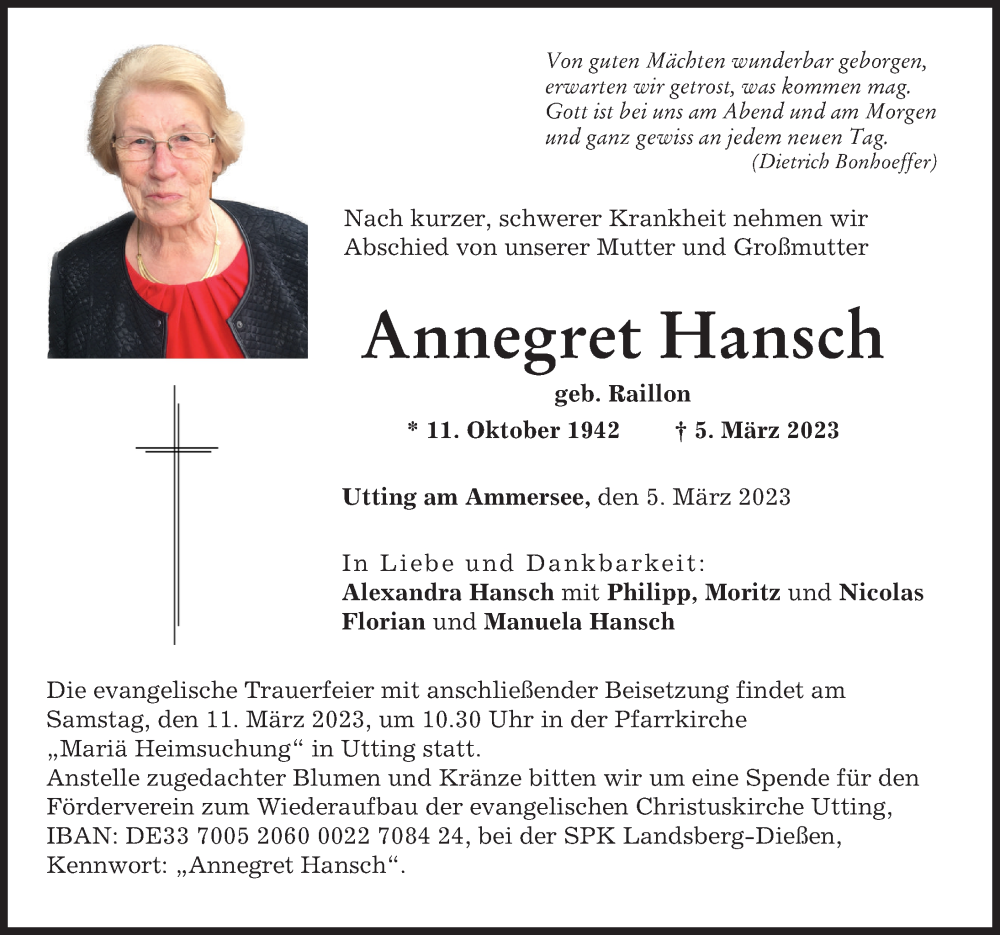  Traueranzeige für Annegret Hansch vom 08.03.2023 aus Landsberger Tagblatt