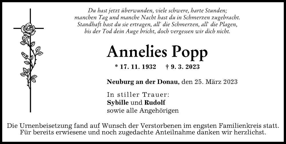  Traueranzeige für Annelies Popp vom 25.03.2023 aus Neuburger Rundschau