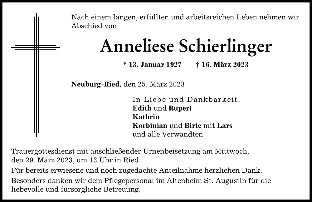  Traueranzeige für Anneliese Schierlinger vom 25.03.2023 aus Neuburger Rundschau