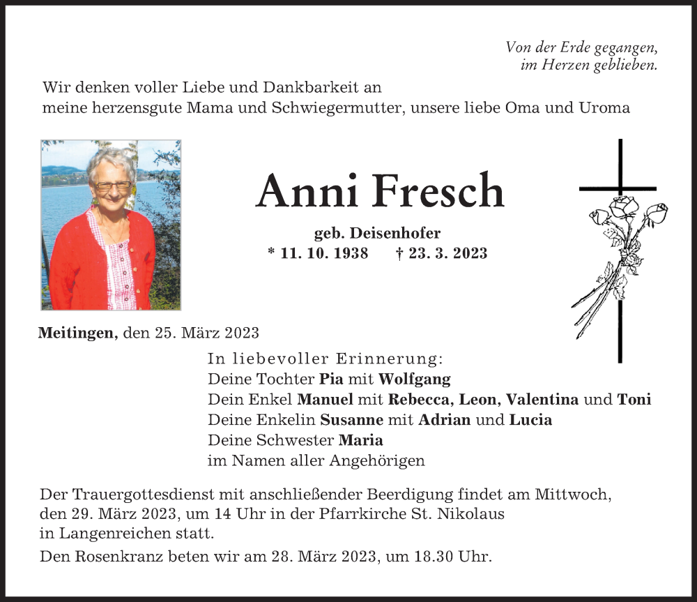  Traueranzeige für Anni Fresch vom 25.03.2023 aus Augsburg-Land