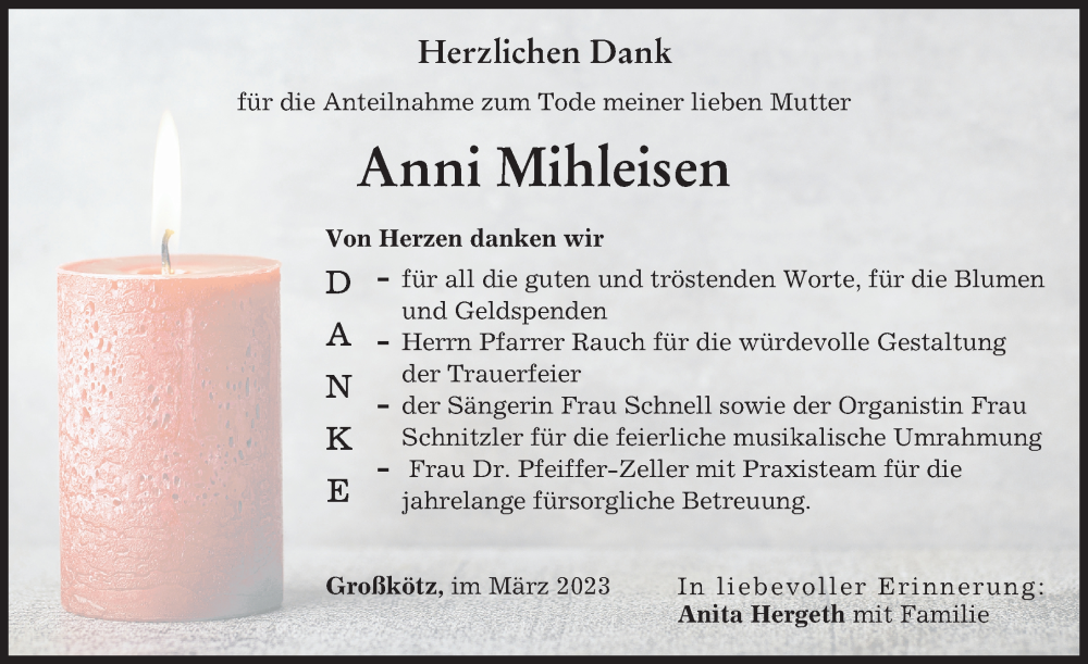Traueranzeige von Anni Mihleisen von Günzburger Zeitung