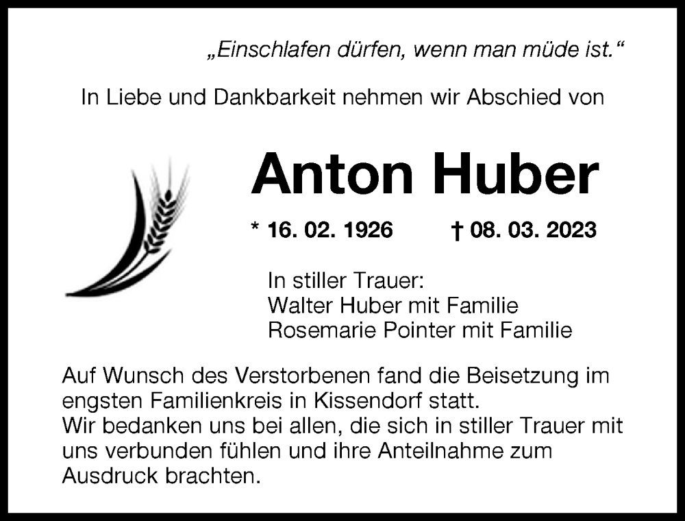  Traueranzeige für Anton Huber vom 25.03.2023 aus Günzburger Zeitung