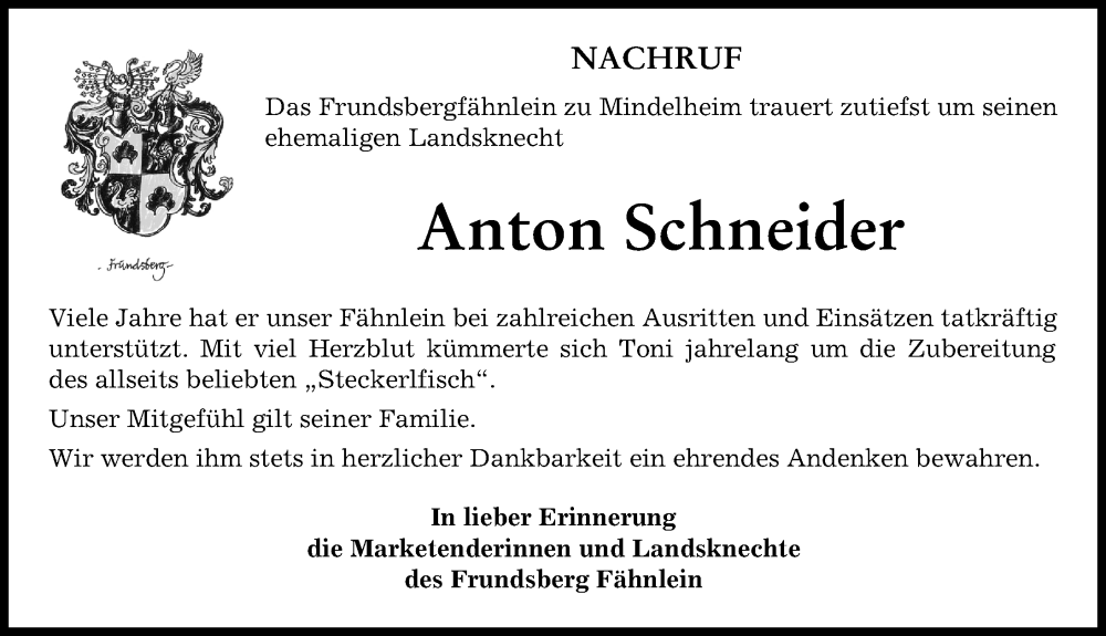  Traueranzeige für Anton Schneider vom 23.03.2023 aus Mindelheimer Zeitung