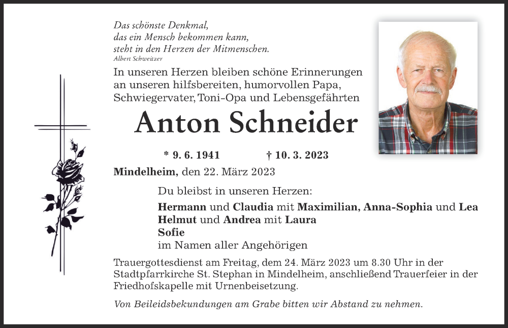  Traueranzeige für Anton Schneider vom 22.03.2023 aus Mindelheimer Zeitung