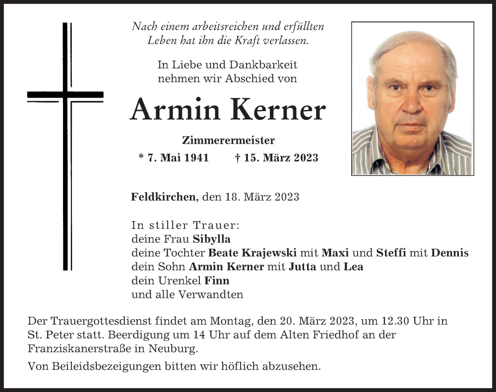  Traueranzeige für Armin Kerner vom 18.03.2023 aus Neuburger Rundschau