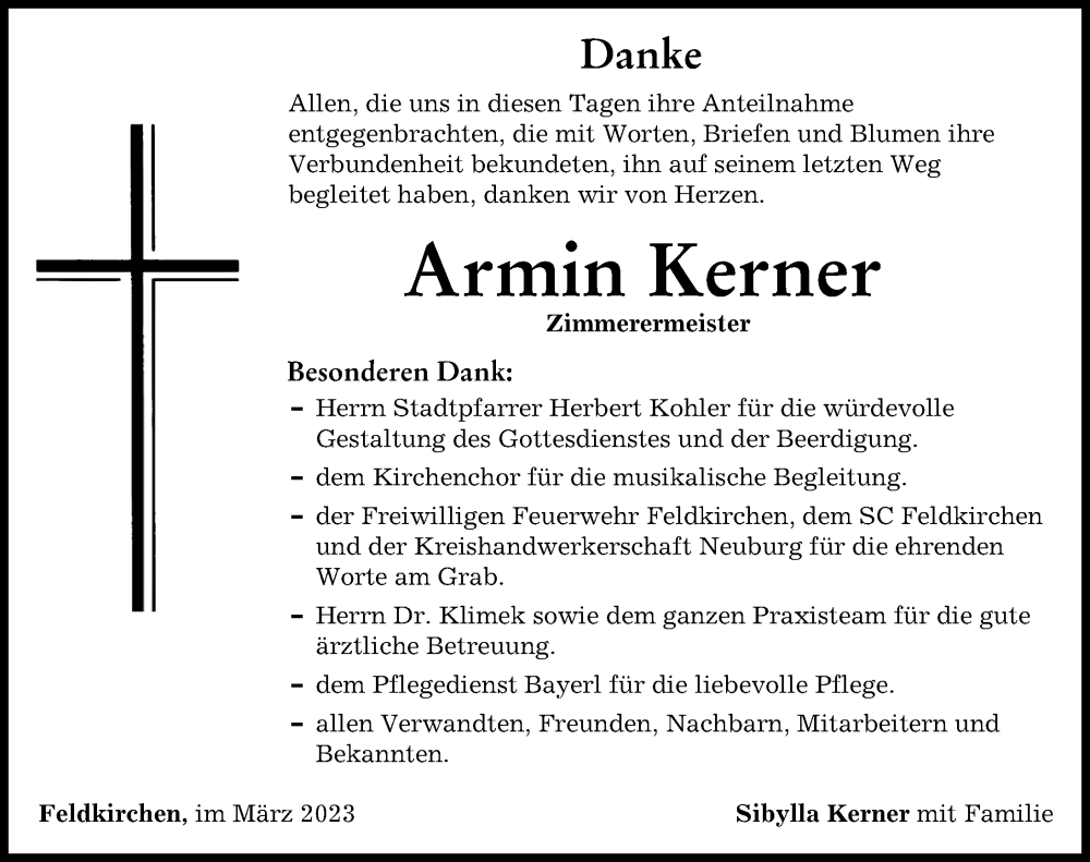  Traueranzeige für Armin Kerner vom 25.03.2023 aus Neuburger Rundschau