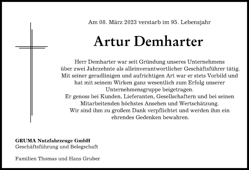 Traueranzeige von Artur Demharter von Augsburger Allgemeine