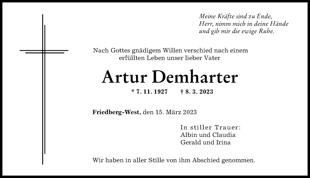  Traueranzeige für Artur Demharter vom 15.03.2023 aus Augsburger Allgemeine