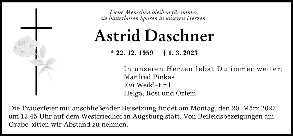  Traueranzeige für Astrid Daschner vom 16.03.2023 aus Augsburger Allgemeine