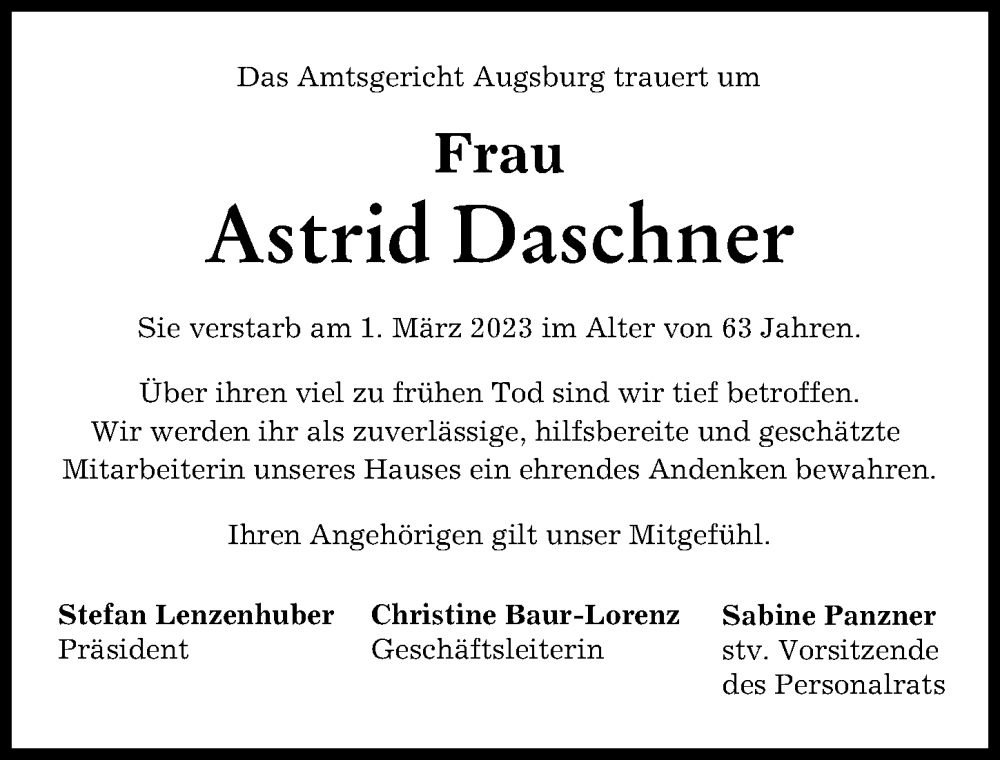  Traueranzeige für Astrid Daschner vom 16.03.2023 aus Augsburger Allgemeine