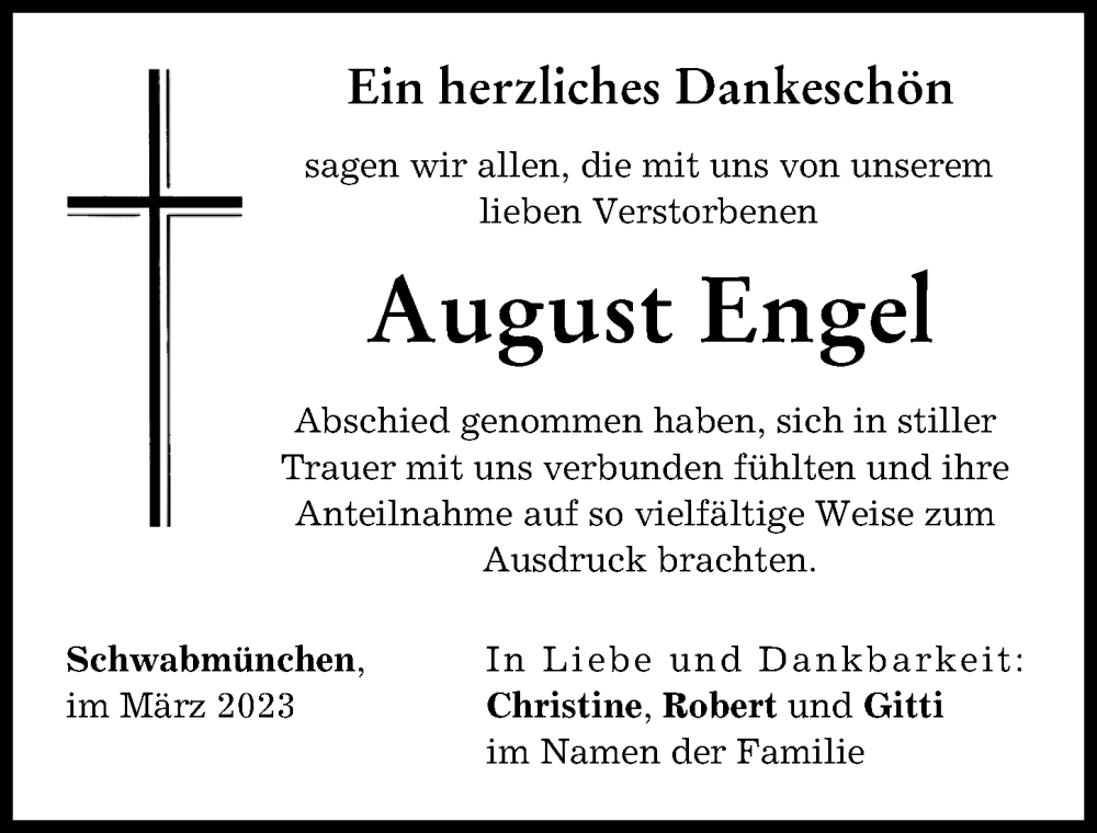 Traueranzeige von August Engel von Schwabmünchner Allgemeine