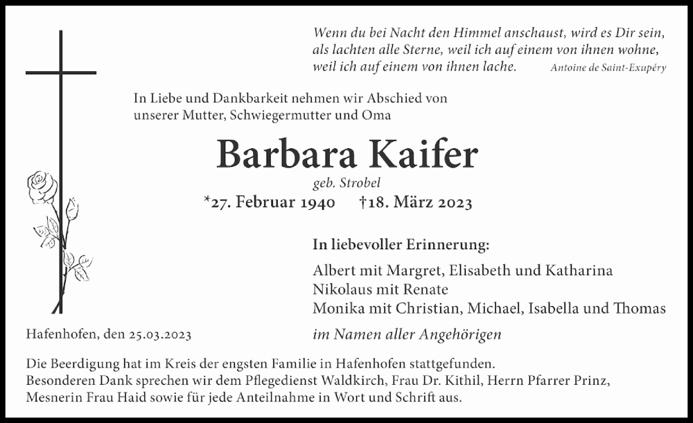  Traueranzeige für Barbara Kaifer vom 25.03.2023 aus Günzburger Zeitung