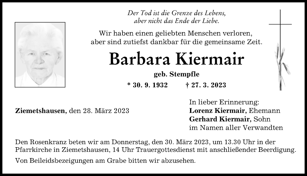  Traueranzeige für Barbara Kiermair vom 28.03.2023 aus Mittelschwäbische Nachrichten