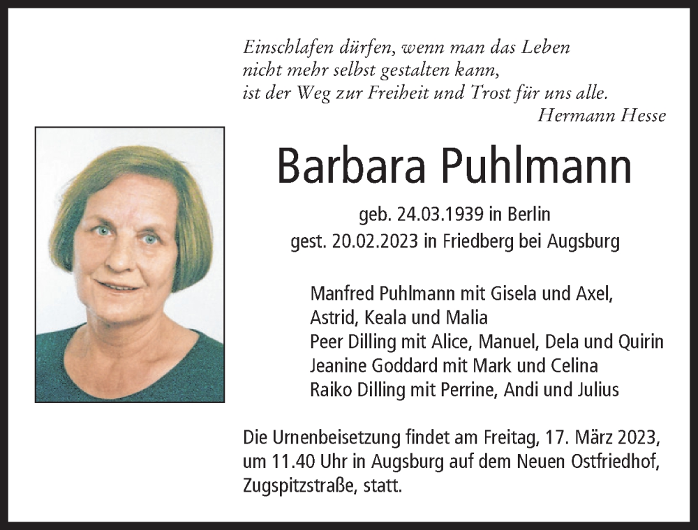 Traueranzeige von Barbara Puhlmann von Augsburger Allgemeine