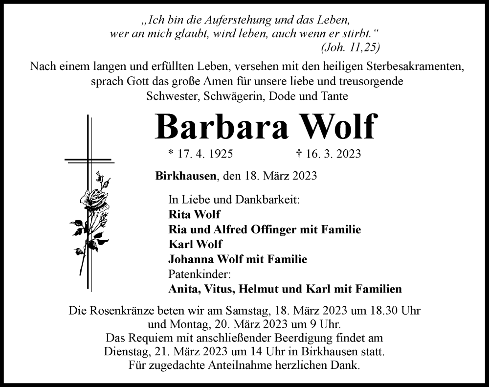  Traueranzeige für Barbara Wolf vom 18.03.2023 aus Rieser Nachrichten