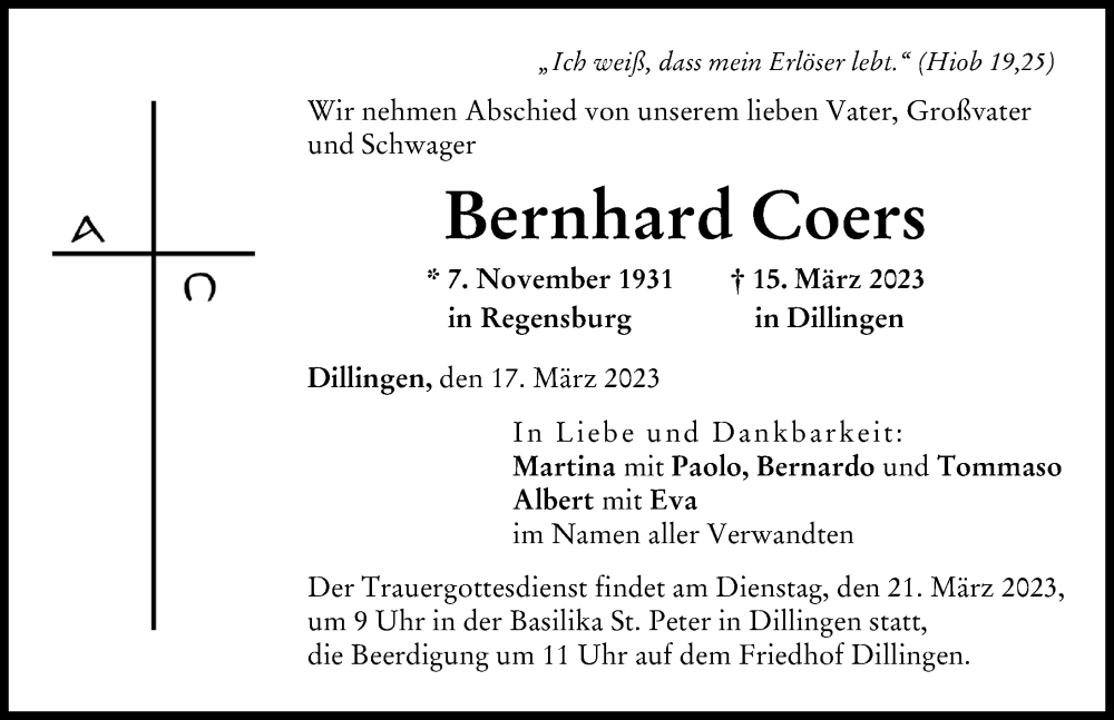 Traueranzeige von Bernhard Coers von Donau Zeitung