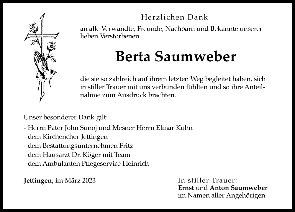 Traueranzeige von Berta Saumweber von Günzburger Zeitung