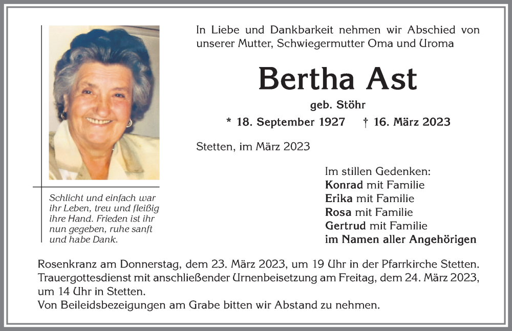  Traueranzeige für Bertha Ast vom 22.03.2023 aus Mindelheimer Zeitung