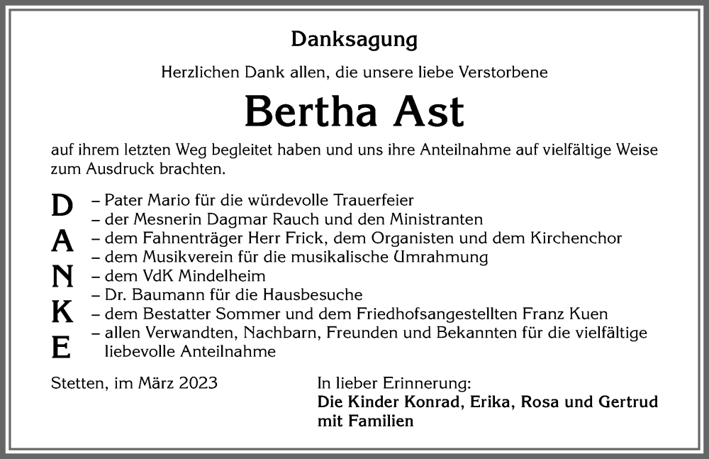 Traueranzeige für Bertha Ast vom 31.03.2023 aus Mindelheimer Zeitung