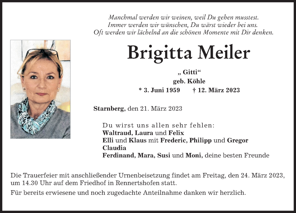 Traueranzeige von Brigitta Meiler von Neuburger Rundschau