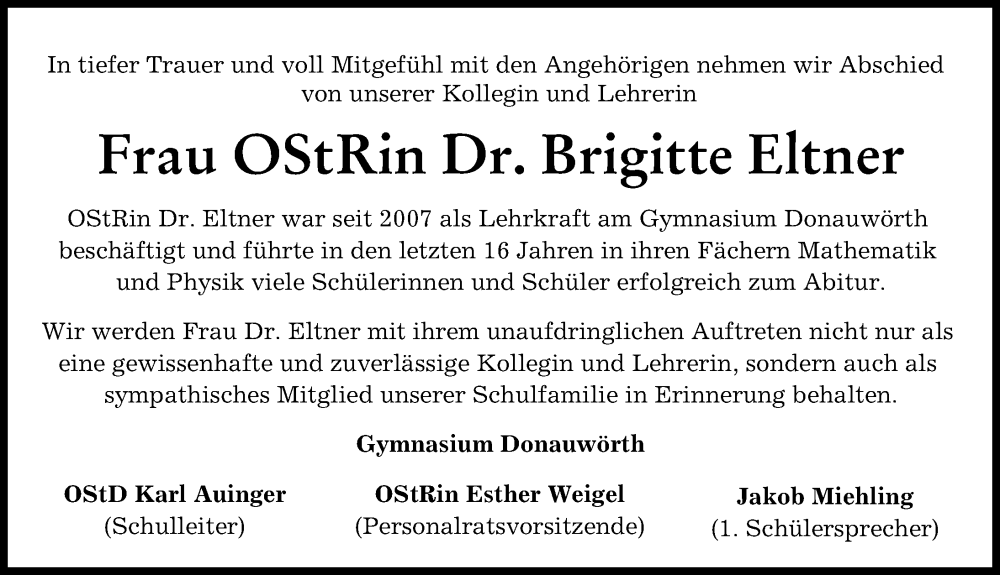  Traueranzeige für Brigitte Eltner vom 25.03.2023 aus Donauwörther Zeitung