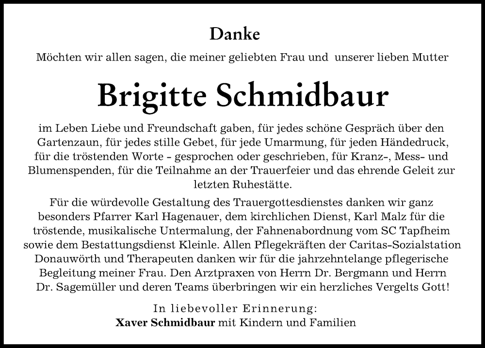  Traueranzeige für Brigitte Schmidbaur vom 25.03.2023 aus Donauwörther Zeitung
