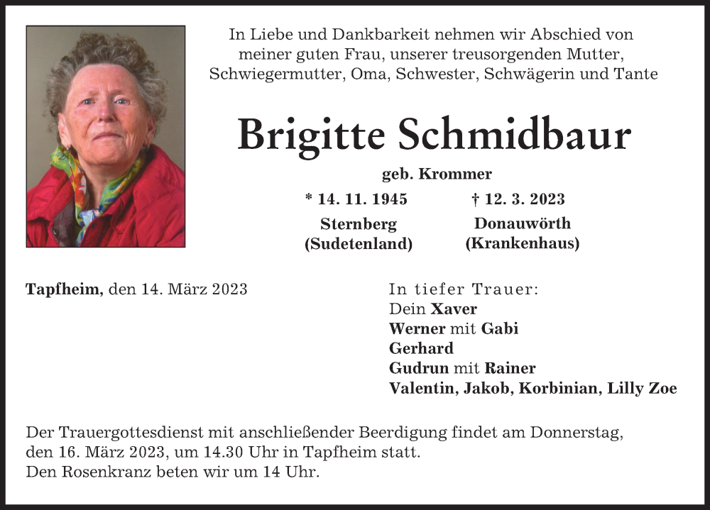  Traueranzeige für Brigitte Schmidbaur vom 14.03.2023 aus Donauwörther Zeitung, Donau Zeitung