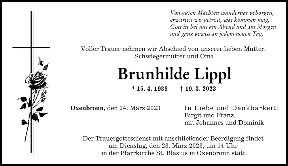  Traueranzeige für Brunhilde Lippl vom 24.03.2023 aus Günzburger Zeitung