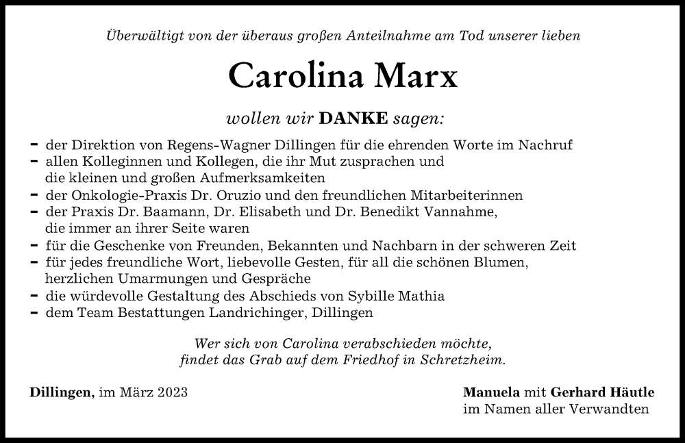 Traueranzeige von Carolina Marx von Donau Zeitung