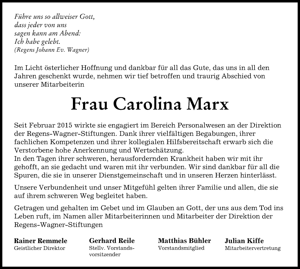 Traueranzeige von Carolina Marx von Wertinger Zeitung, Donau Zeitung