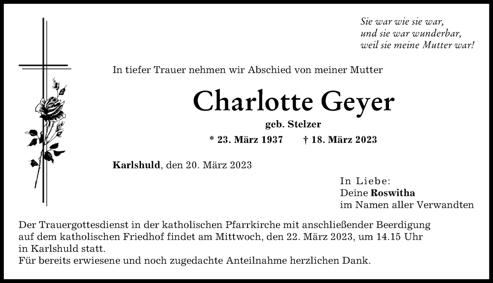  Traueranzeige für Charlotte Geyer vom 20.03.2023 aus Neuburger Rundschau