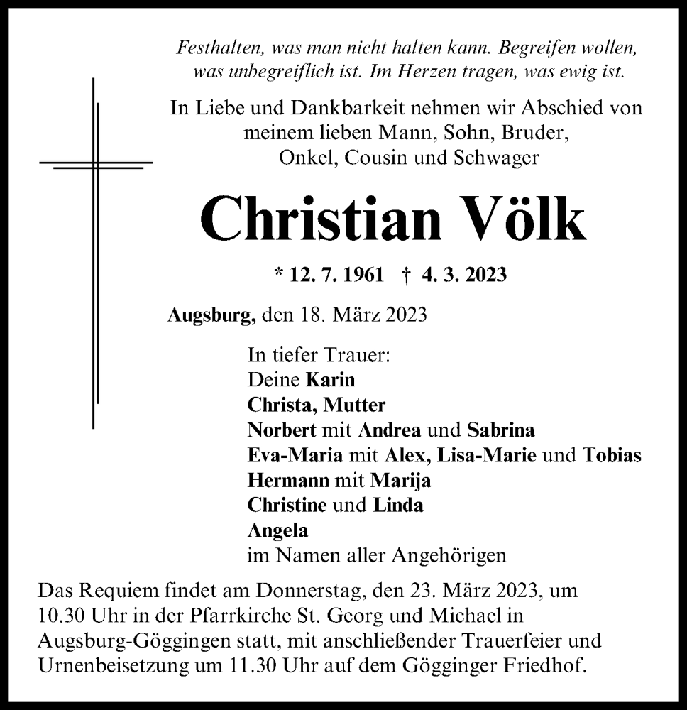  Traueranzeige für Christian Völk vom 18.03.2023 aus Augsburger Allgemeine