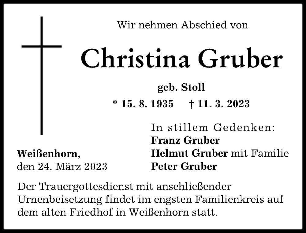  Traueranzeige für Christina Gruber vom 24.03.2023 aus Neu-Ulmer Zeitung