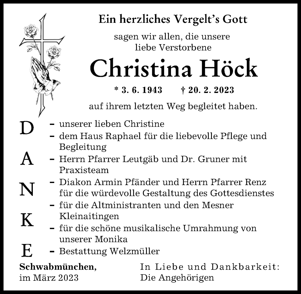 Traueranzeige von Christina Höck von Schwabmünchner Allgemeine