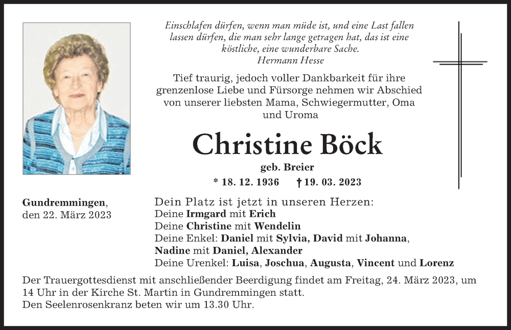  Traueranzeige für Christine Böck vom 22.03.2023 aus Günzburger Zeitung