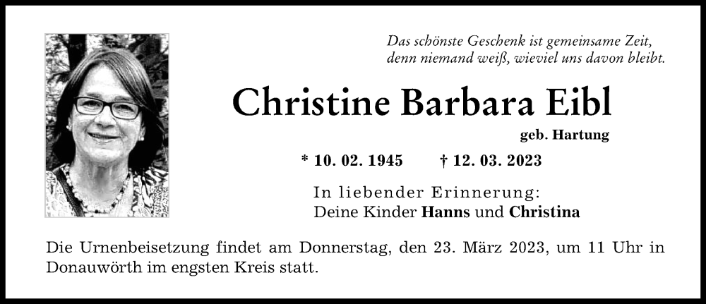 Traueranzeige von Christine Barbara Eibl von Donauwörther Zeitung