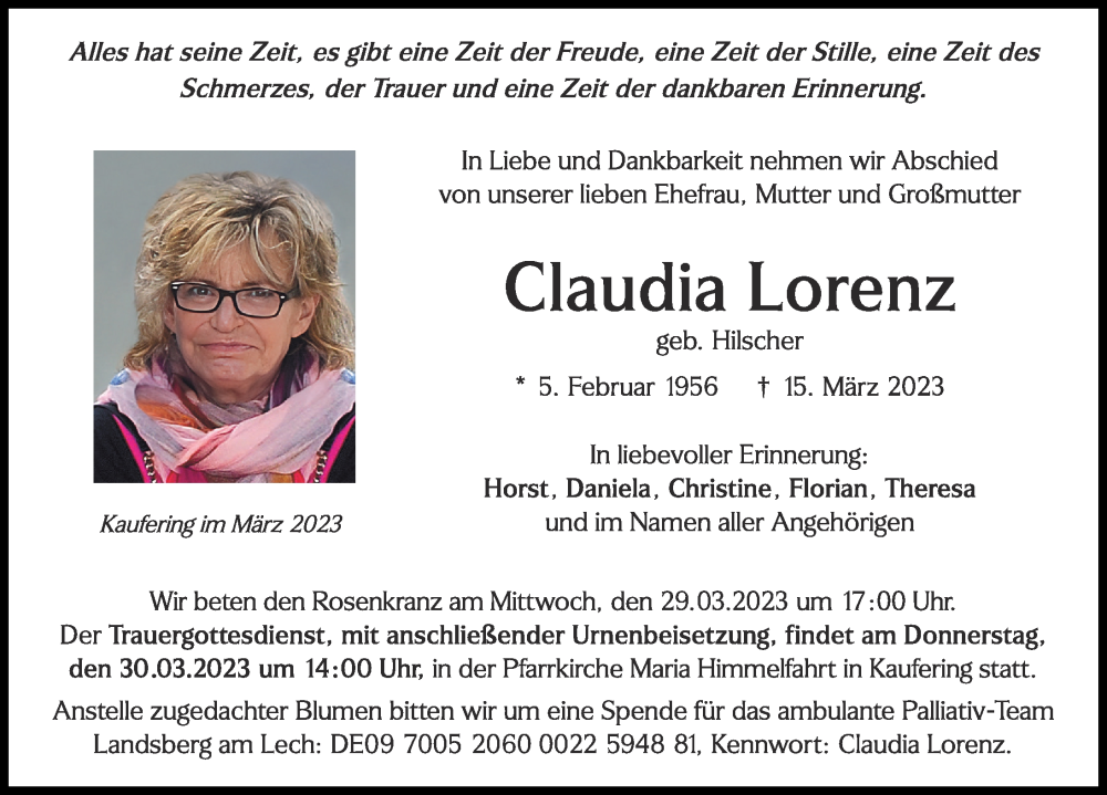  Traueranzeige für Claudia Lorenz vom 25.03.2023 aus Landsberger Tagblatt