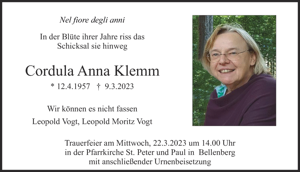  Traueranzeige für Cordula Anna Klemm vom 18.03.2023 aus Illertisser Zeitung