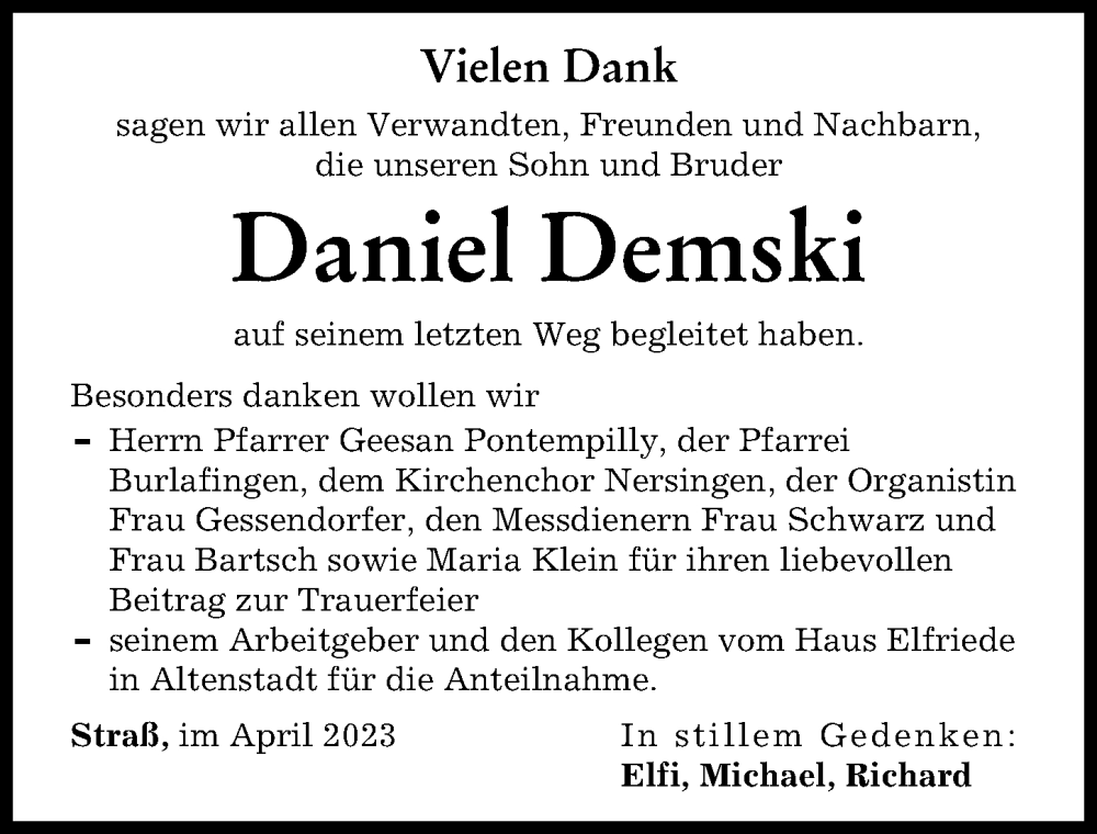  Traueranzeige für Daniel Demski vom 01.04.2023 aus Neu-Ulmer Zeitung
