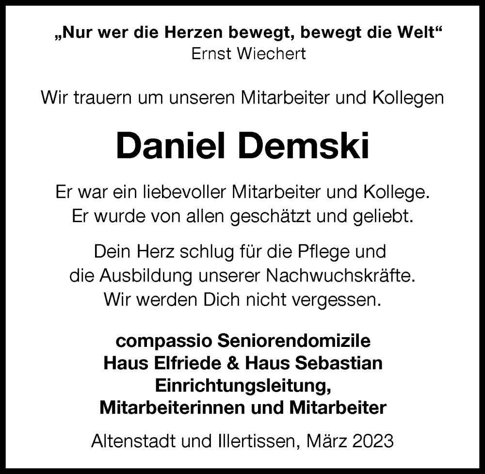 Traueranzeige für Daniel Demski vom 18.03.2023 aus Illertisser Zeitung, Neu-Ulmer Zeitung