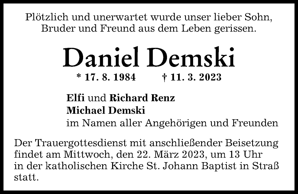  Traueranzeige für Daniel Demski vom 18.03.2023 aus Neu-Ulmer Zeitung