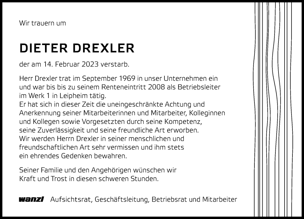 Traueranzeige von Dieter Drexler von Günzburger Zeitung