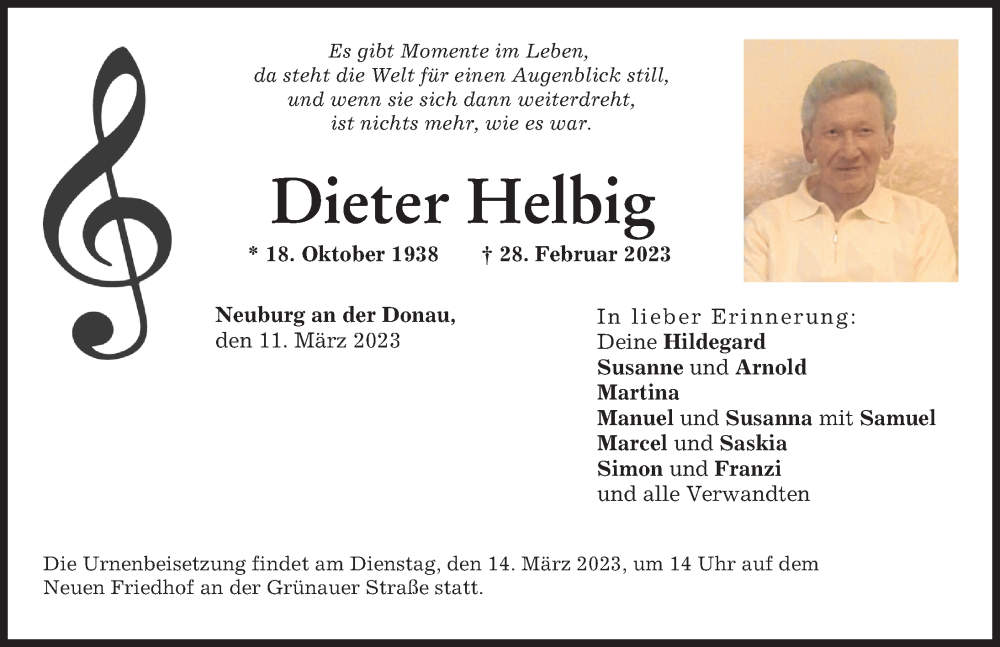 Traueranzeige von Dieter Helbig von Neuburger Rundschau