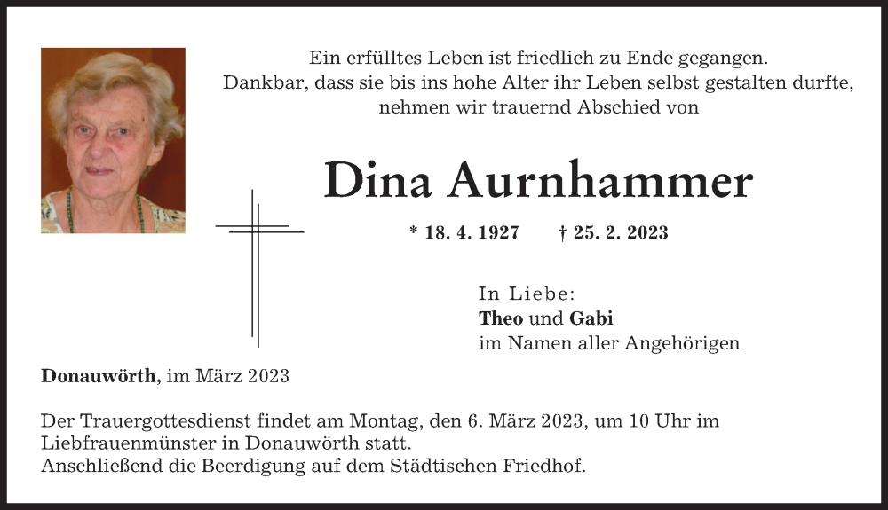 Traueranzeige von Dina Aurnhammer von Donauwörther Zeitung