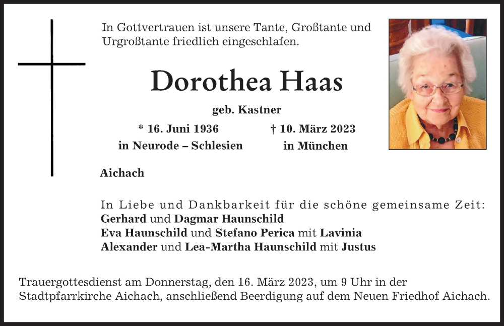  Traueranzeige für Dorothea Haas vom 14.03.2023 aus Aichacher Nachrichten