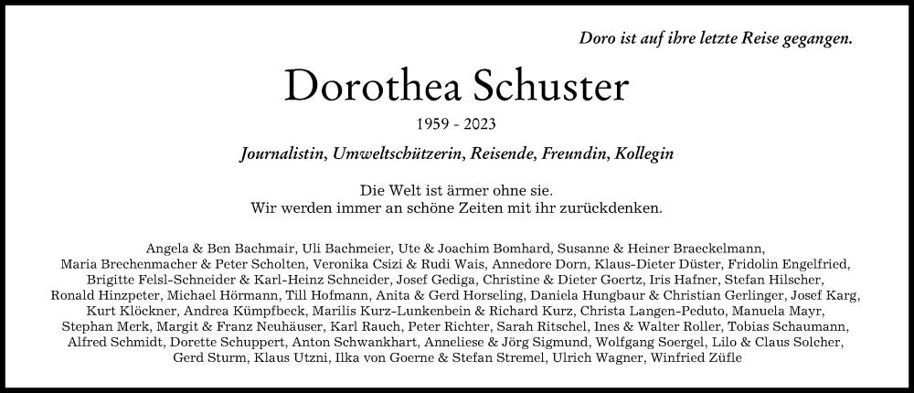  Traueranzeige für Dorothea Schuster vom 21.03.2023 aus Augsburger Allgemeine